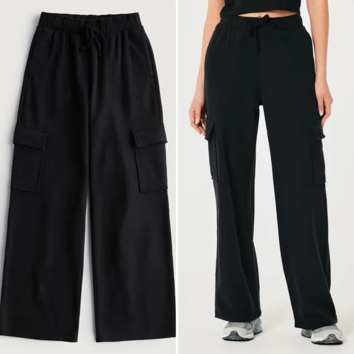 Black Wide Leg Cargo Trousers for Women, High Waist, Relaxed Fit, Terry Viscose Fabric